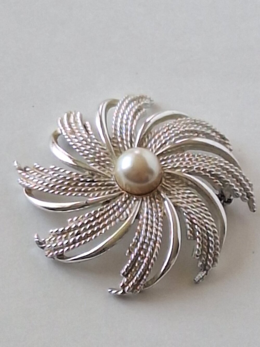 Vintage Sarah Coventry Pinwheel Swirl Silver Tone Faux Pearl Brooch